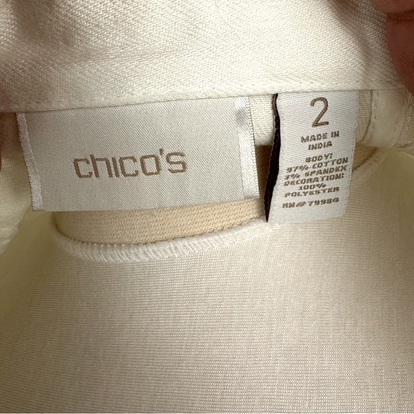 Chico’s White Denim Jean Jacket w/Eyelet  3/4 Length Sleeves & Trim Chico’s Sz L - Picture 7 of 9